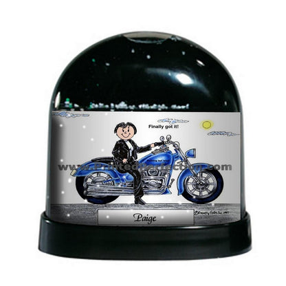 Motorcycle Lover (blue bike), Female - Friendly Folks Personalized Snow Globe