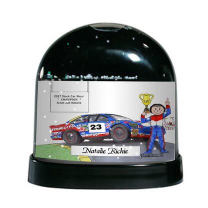 Race Car Driver - Stock, Female - Friendly Folks Personalized Snow Globe