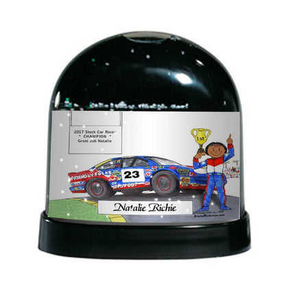 Race Car Driver - Stock, Female - Friendly Folks Personalized Snow Globe