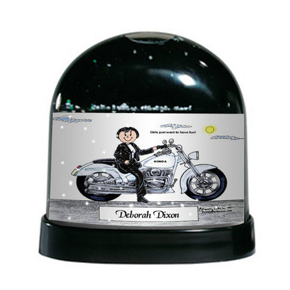 Motorcycle Lover (white bike), Female - Friendly Folks Personalized Snow Globe