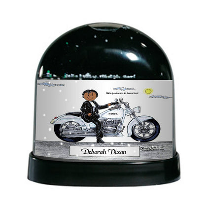 Motorcycle Lover (white bike), Female - Friendly Folks Personalized Snow Globe