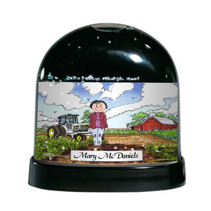 Farmer, Rancher, (white tractor) - Female - Friendly Folks Personalized Snow Globe