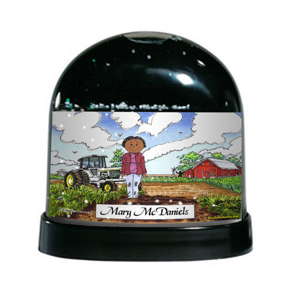 Farmer, Rancher, (white tractor) - Female - Friendly Folks Personalized Snow Globe